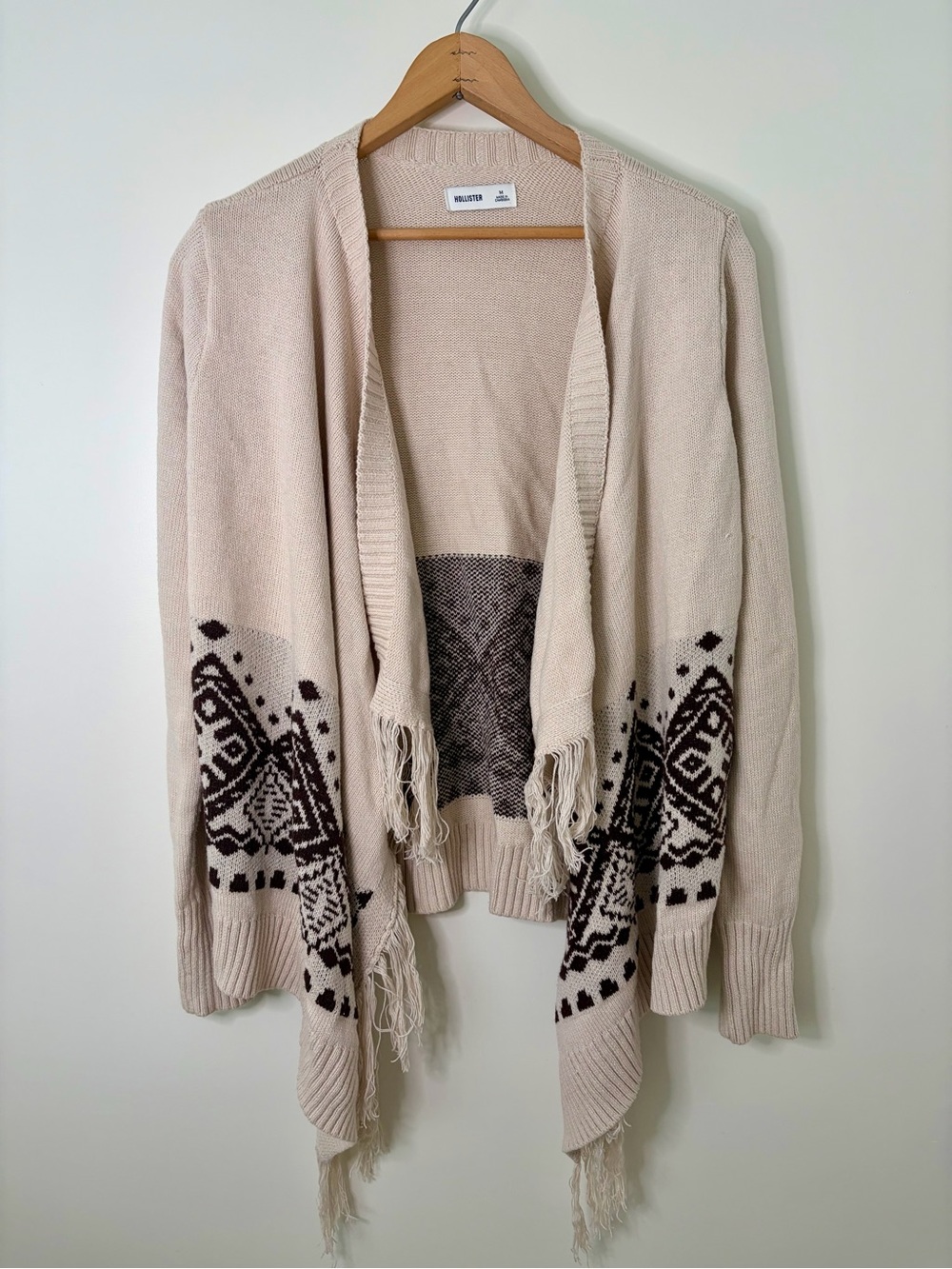 Hollister Cream Black Fair Isle Fringe Waterfall Cardigan Sweater M